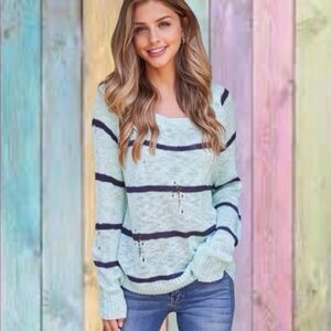 Miracle Mint Green Distressed Wide Neck Knit Stripe Top